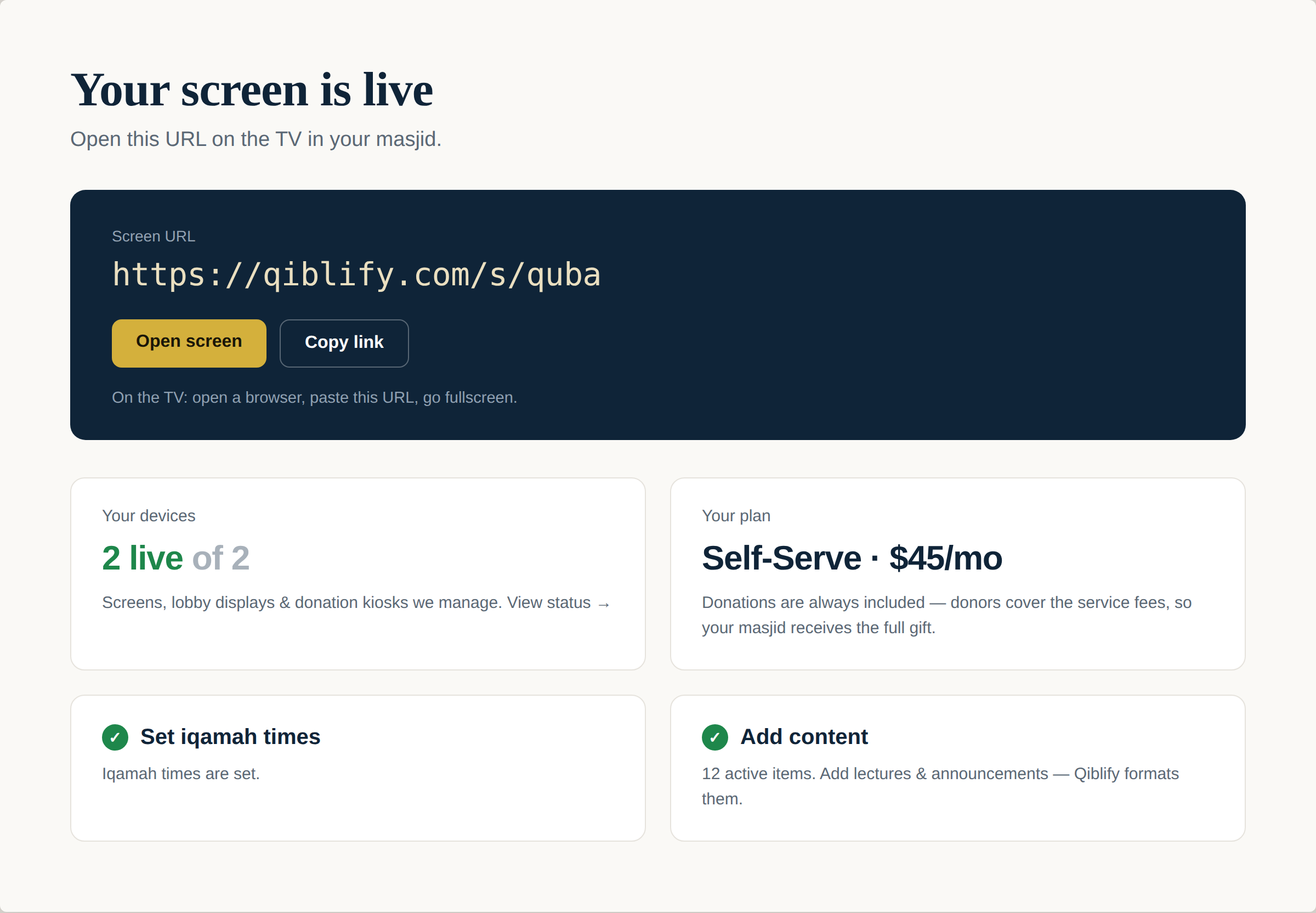 The Qiblify admin just after setup — the screen's URL with Open and Copy buttons, device status, the plan, and the setup checklist