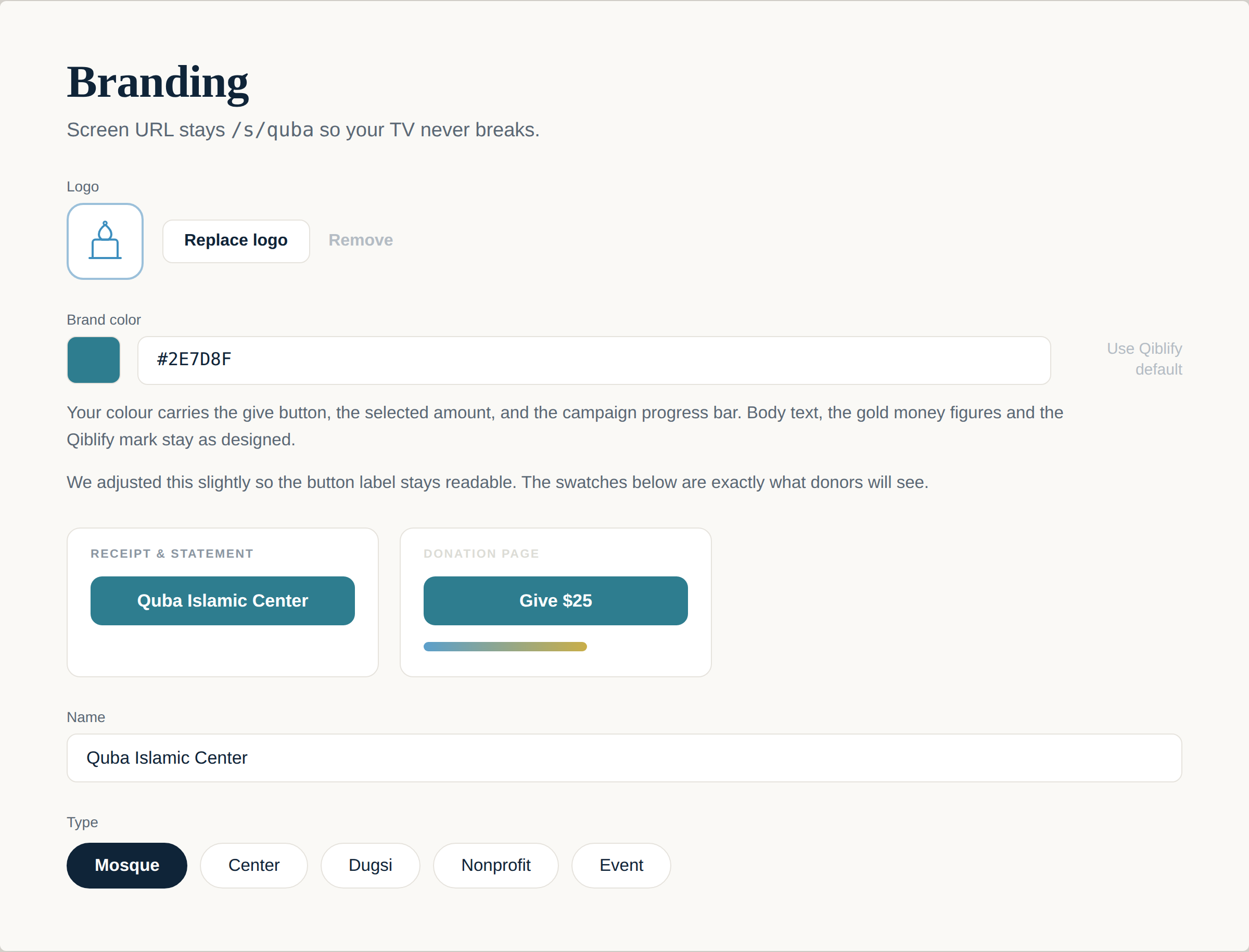 The Branding panel — logo, brand colour with live previews of the give button and campaign bar, organization name and type
