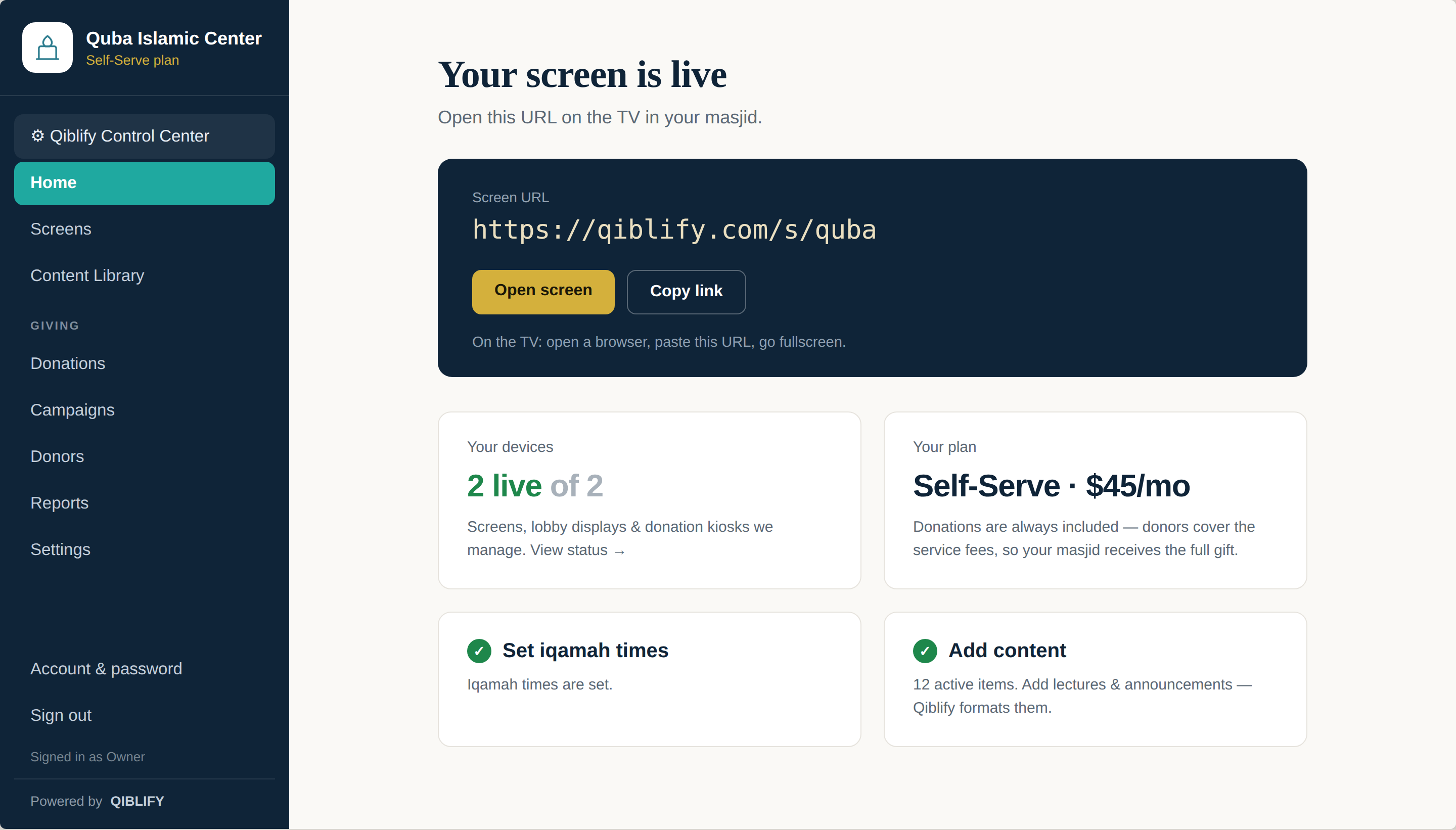 The full Qiblify admin — sidebar navigation for screens, content, giving and reports, with the screen-is-live home panel open