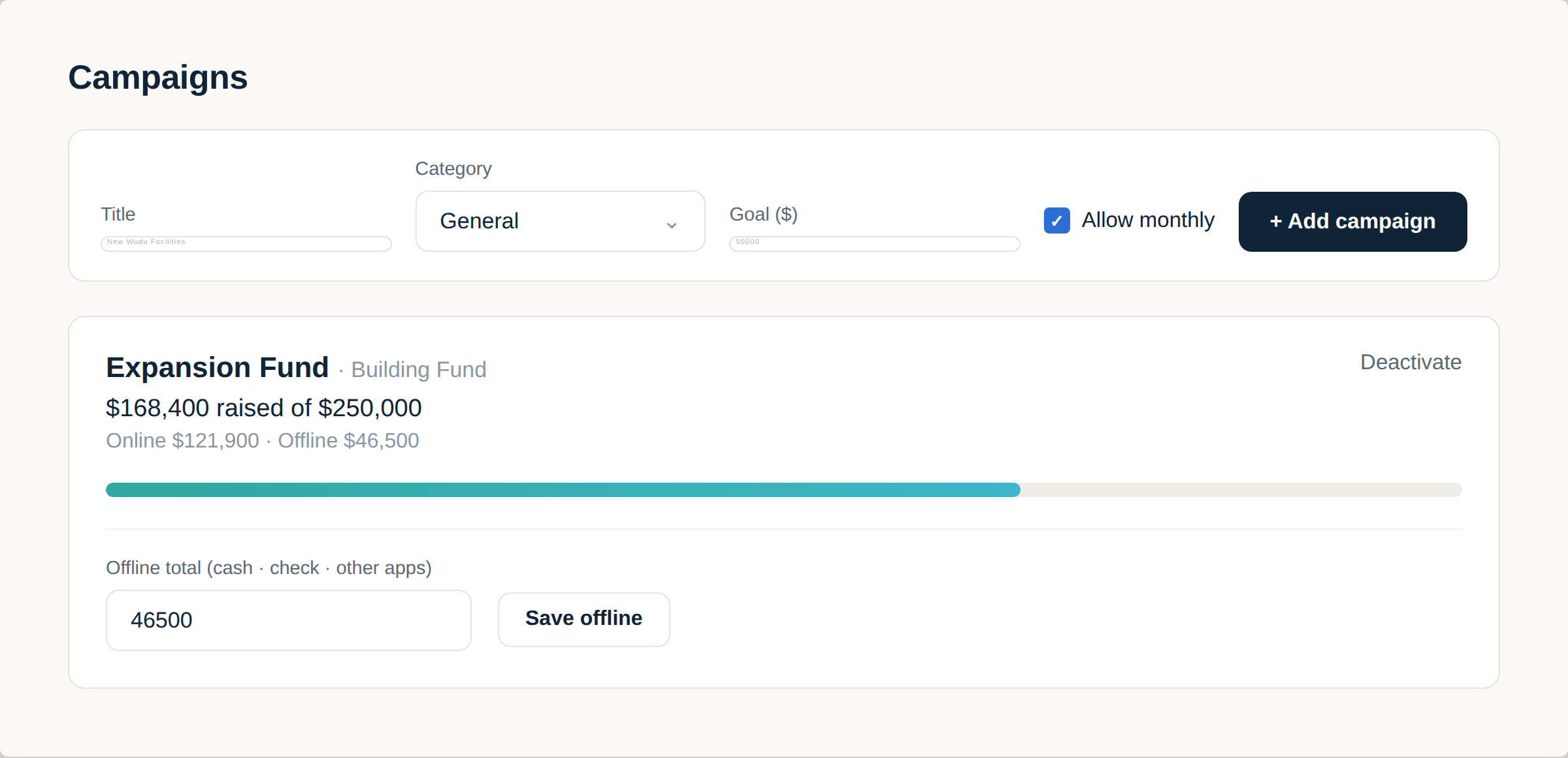 The Campaigns panel — a live campaign with its progress bar and online and offline totals, above the form that adds another