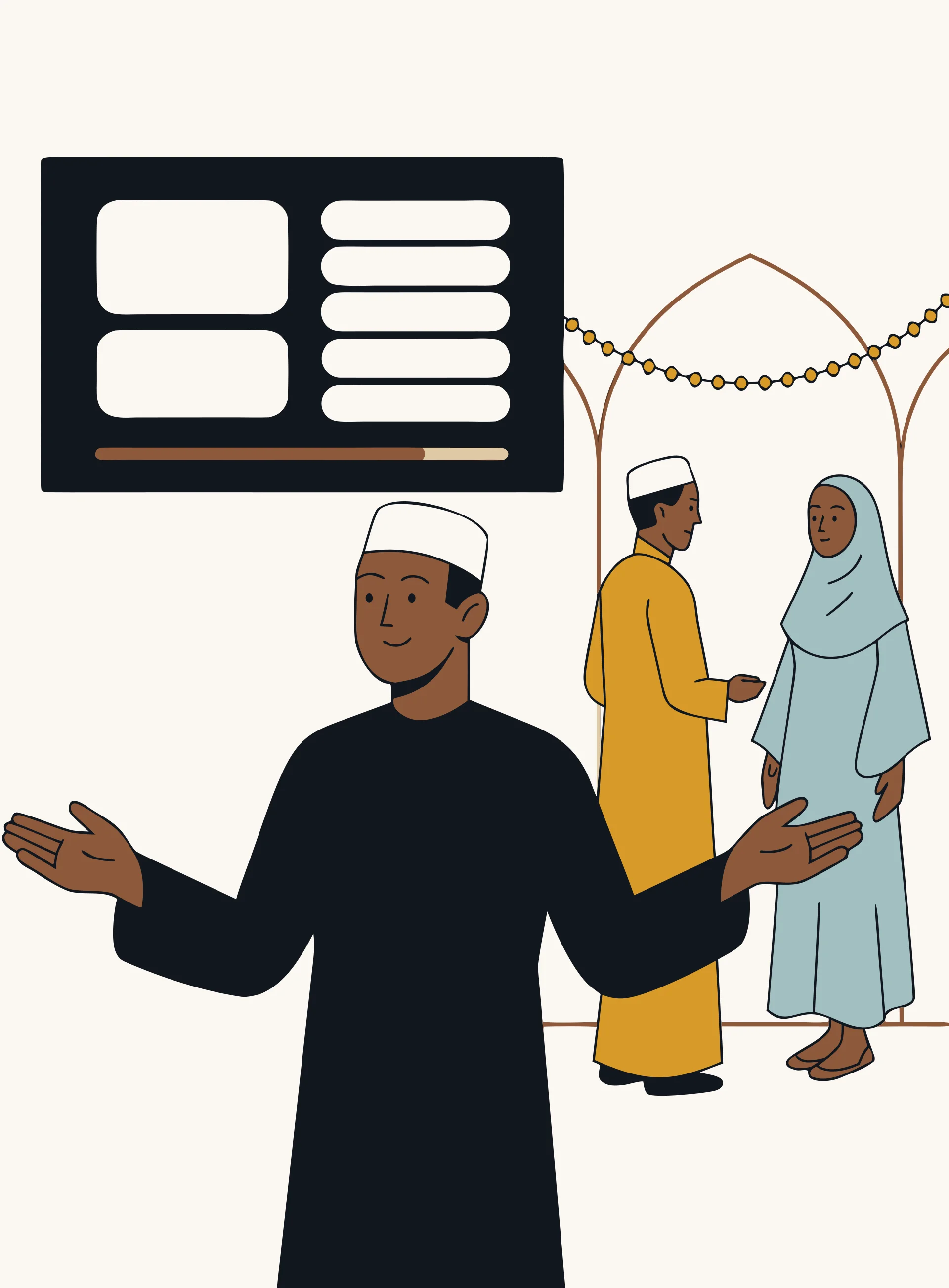 Drawn scene: an usher in a kufi welcoming guests at an event hall entrance, the programme screen by the doorway.