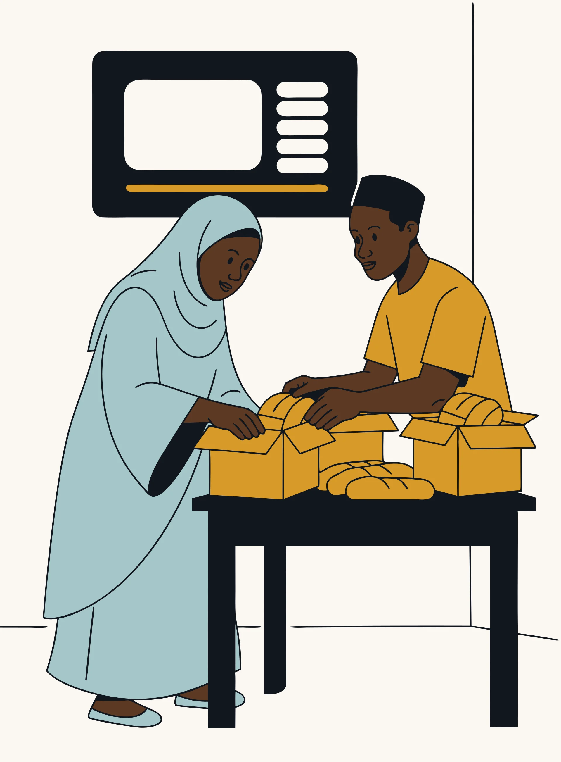 Drawn scene: volunteers packing donation boxes together, the campaign screen on the wall behind them.
