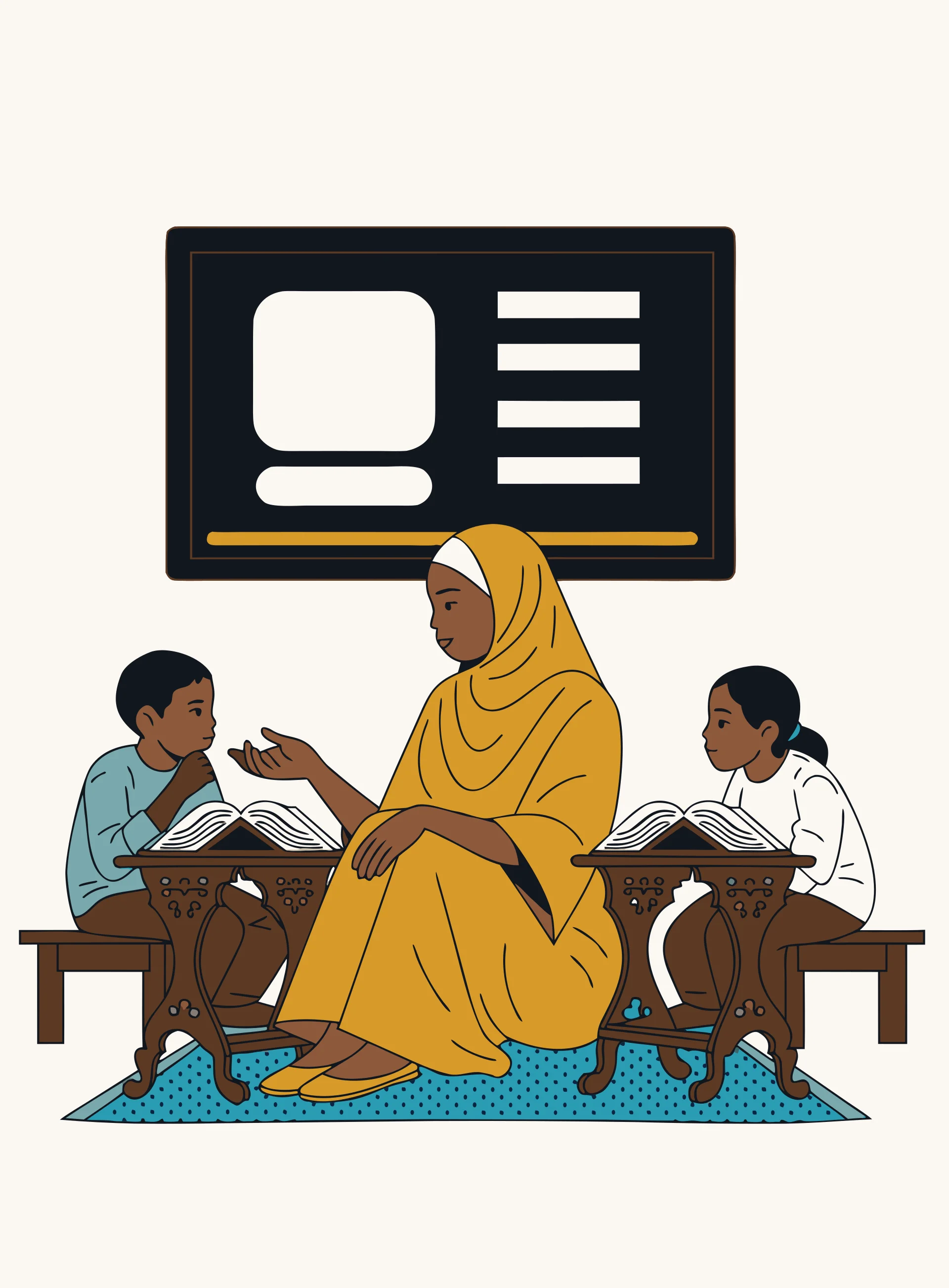 Drawn scene: a dugsi teacher in a jilbab with young students at their Qur’an stands, the schedule screen behind them.