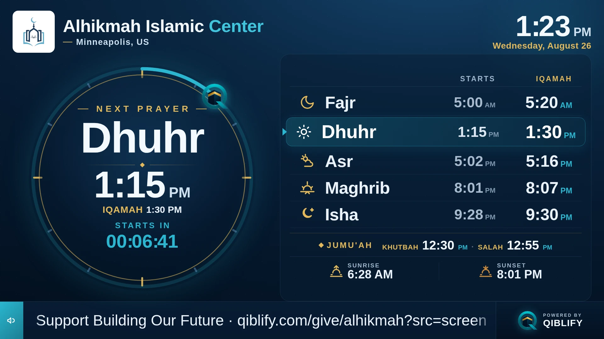 Alhikmah Islamic Center’s live prayer display: a gold dial counting down to the next prayer, the five daily prayers with adhan and iqamah times, the Jumu’ah row, sunrise and sunset, and the giving ticker.